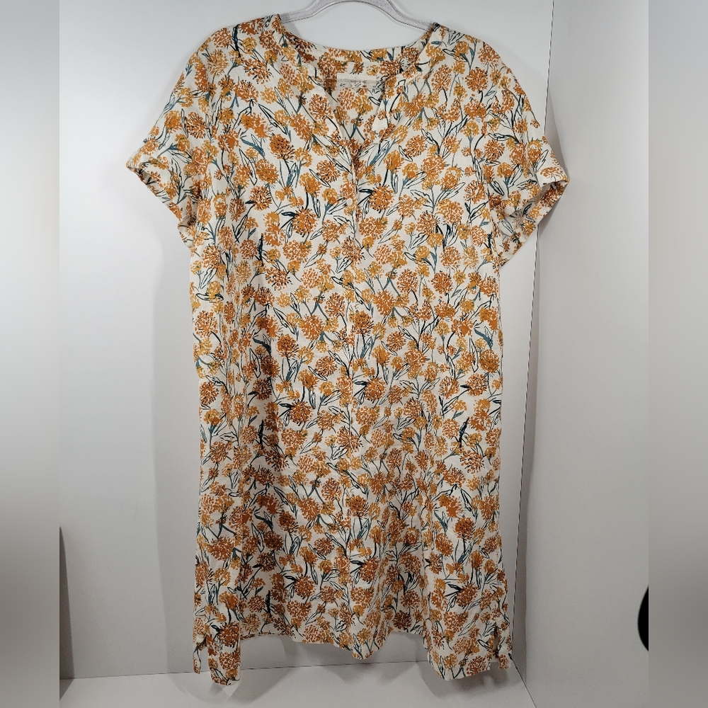 Seasalt Cornwall Orange Cream Floral 100% Linen S. Sleeve Dress Pockets Sz US 14